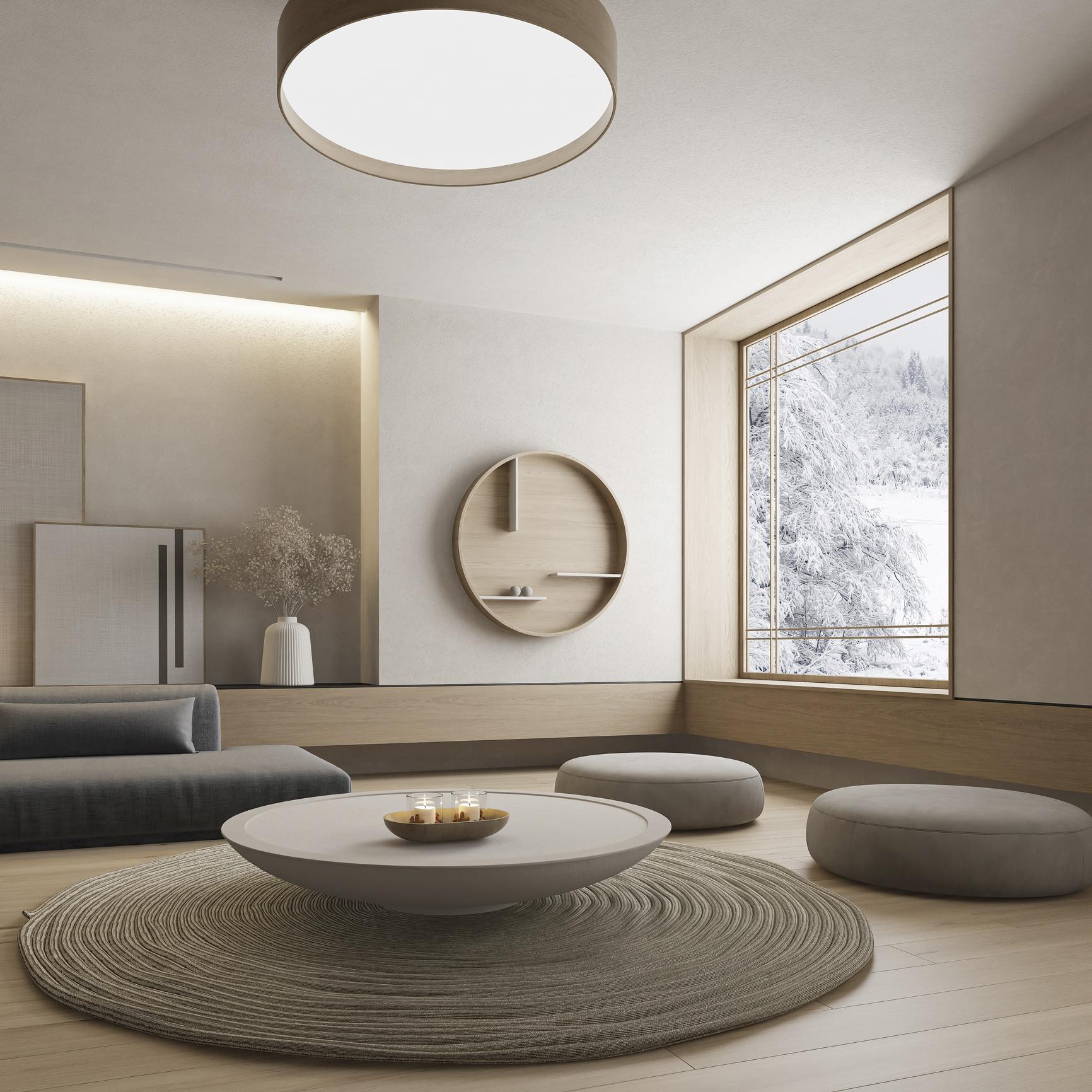 Minimalist Zen living room, calm interior matching CosyRosy's sauna ritual aesthetic